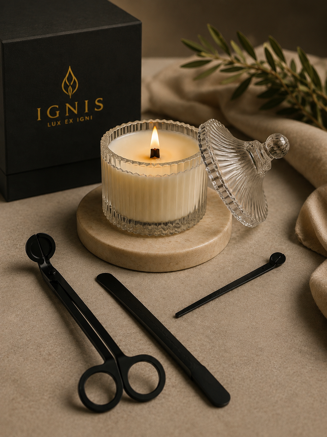 Ambientação conceitual com vela IGNIS acesa em vidro ranhurado